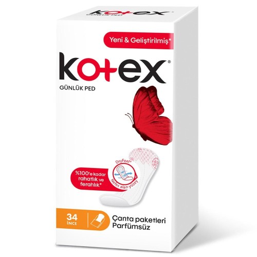 Kotex İnce Günlük Ped Parfümsüz Çanta Paketli 34 Adet